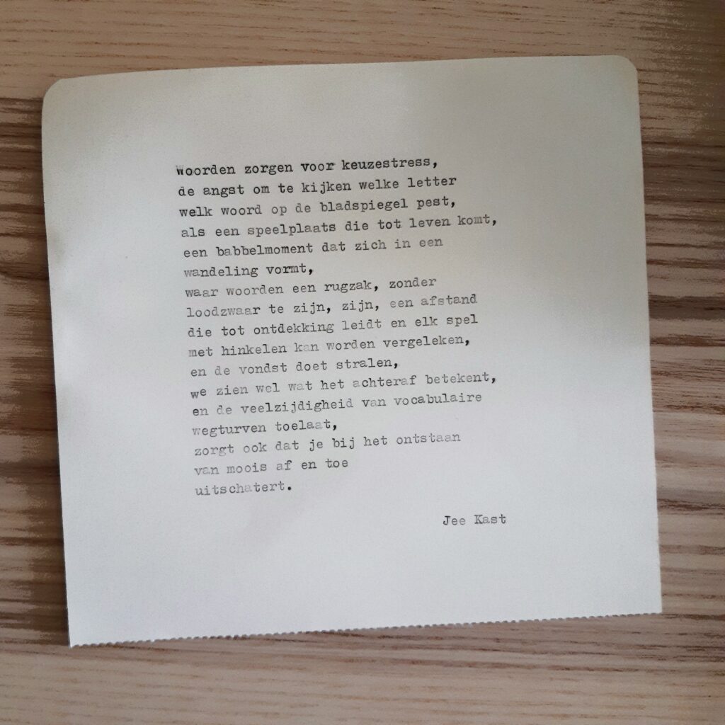 Gedicht voor Bernadet Wehenkel, geschreven door Jee Kast tijdens zijn Typmachinetour.